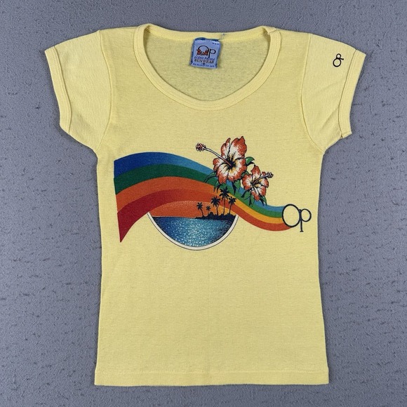 Vtg 70s 80s OP Ocean Pacific Shirt Women's Small Rainbow Surf Hawaii Baby Tee - Picture 1 of 16